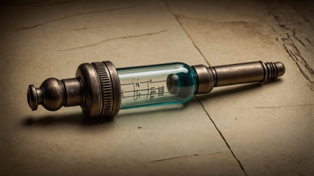 A detailed close-up reveals an antique instrument, combining glass and metal, resting on a weathered surface, showcasing its intricate design and character.の素材