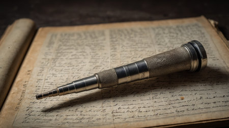 An antique telescope lies on top of an aged manuscript filled with elaborate scripts, evoking a sense of exploration and history from a bygone era.の素材