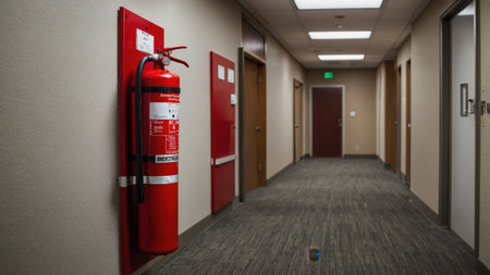 A bright office hallway features a red fire extinguisher mounted against a beige wall. The corridor has doors on either side, leading to various offices.の素材