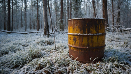 A yellow and rusted barrel stands alone in a snowy forest, surrounded by tall trees covered in frost. The peaceful winter landscape creates a serene atmosphere.の素材