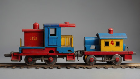 Antique toy train with vibrant colors standing on a small railroad track, evoking nostalgia and childhood memoriesの素材
