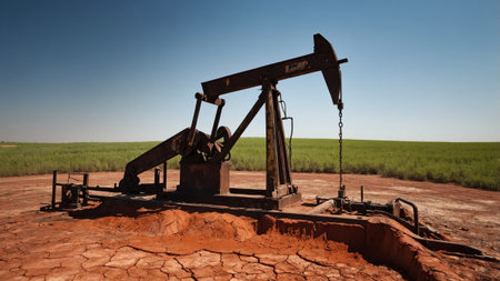An oil pump jack is actively extracting resources from a dry, cracked earth surface in an open field. Lush green grass surrounds the machinery under a clear sky, indicating summer conditions.の素材