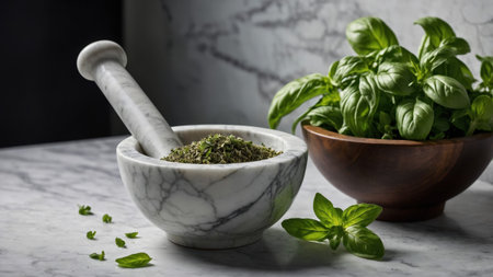 Fresh basil leaves in a wooden bowl and dried basil in a marble mortar and pestle on a marble kitchen counterの素材