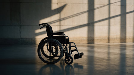 A solitary wheelchair stands in a dimly lit area, casting long shadows on a smooth concrete floor. The environment suggests tranquility, with the sunlight highlighting its structure.の素材