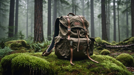 A worn, vintage backpack sits on lush green moss amid towering trees in a tranquil forest. Early morning mist envelops the scene, enhancing its peaceful ambiance.の素材