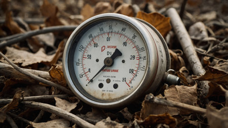 A vintage pressure gauge lies on the ground surrounded by dried autumn leaves in a peaceful woodland. The gauge shows readings of pressure and creates a rustic atmosphere.の素材