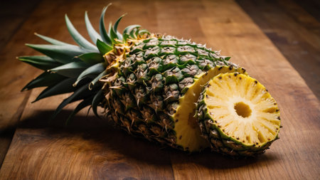 Ripe pineapple with a slice cut off lying on wooden cutting boardの素材