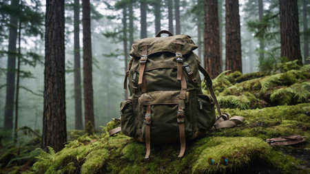 A rugged backpack sits on lush green moss among towering trees in a misty forest. Soft light filters through the fog, creating an enchanting atmosphere.の素材