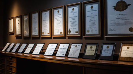 Certificates and awards are neatly arranged on a wooden shelf against a dark wall, highlighting accomplishments in a professional office. The elegant frame design enhances the decor.の素材