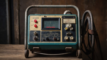 A vintage electronic testing device sits on a wooden surface in a workshop, showcasing its age with scratches and faded buttons. Sunlight enters the room, illuminating its retro design.の素材
