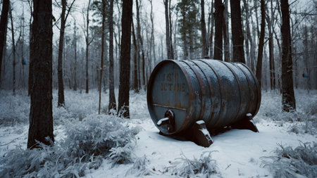 An old metal barrel lies abandoned in a snowy forest. Tall trees surround the scene, their branches bare and coated with frost. A quiet, peaceful winter atmosphere envelops the area.の素材