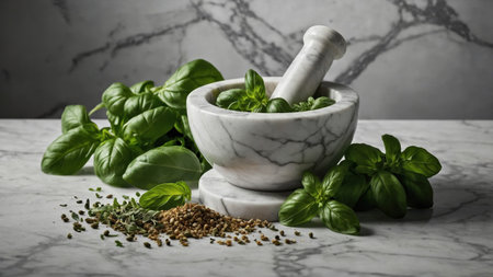 Marble mortar and pestle grinding fresh basil leaves with dry spices on a marble tableの素材