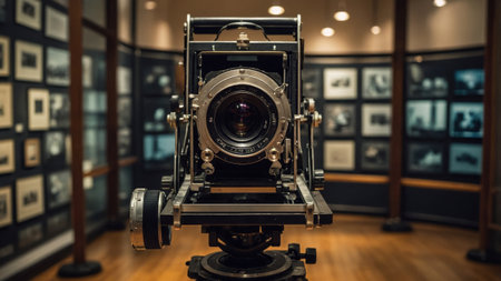 A vintage camera stands prominently in an art gallery, surrounded by framed black and white photographs. Visitors explore the historical exhibition showcasing photography's evolution.の素材