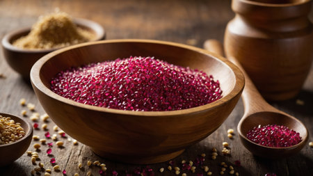 Faceted ruby grains fill a wooden bowl and spoon, creating a luxurious and vibrant sceneの素材