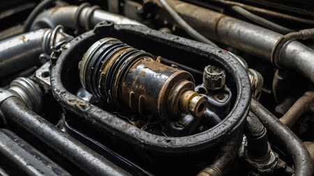 A close-up view showcases a detailed mechanical component inside a car engine. Tools and pipes surround the part, indicating ongoing maintenance in a workshop late in the day.の素材