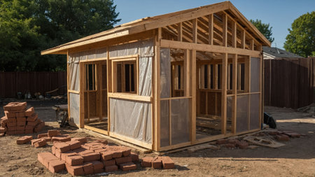 A wooden shed framed with exposed beams and covered with plastic sheeting sits in a yard. Nearby, piles of bricks indicate ongoing construction work in a residential area.の素材