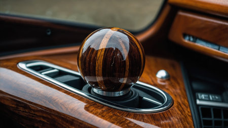 A beautifully crafted wooden gear shift knob sits prominently in the center console of a luxury car.の素材