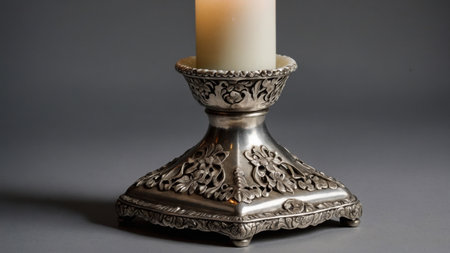 Close up of an ornate silver candlestick with a burning white candle, creating a warm and elegant atmosphereの素材