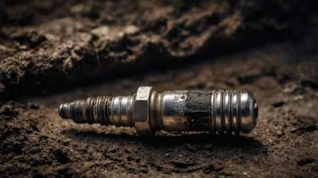 A worn spark plug lies on a surface of wet earth, showcasing its rusted exterior and details like grooves and dirt. The natural light adds depth to the textures.の素材