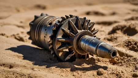A metallic turbine part lies abandoned on the sand in a desert. The sunlight highlights its intricate design, emphasizing wear and age in the midday heat.の素材