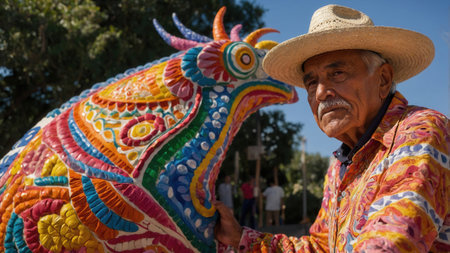 Senior artisan presenting a colorful alebrije, a traditional Mexican folk art sculptureの素材