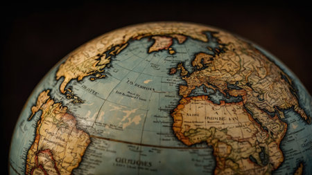 Close up of an antique globe highlighting Europe, Africa, and North America, evoking a sense of historical exploration and geographical discoveryの素材