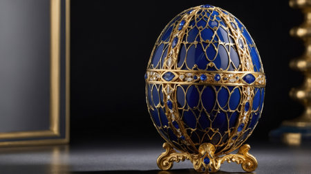 Close up of a luxurious faberge egg, showcasing intricate gold lattice work and vibrant blue enamel, adorned with sparkling gemstonesの素材