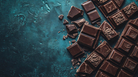 Delicious dark chocolate bars with crumbs on turquoise background with copy spaceの素材