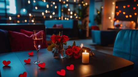 Restaurant table is set for a romantic dinner with red roses, champagne, and candlesの素材