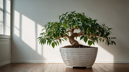 Ornamental ficus retusa bonsai tree with braided trunk growing in a white ceramic pot placed on a hardwood floor in a sunlit minimalist roomの素材