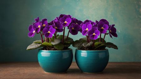 Two flowering african violets sit in matching teal pots on a wooden table against a teal backdropの素材