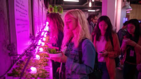 Customers selecting bowls of leafy greens from a vertical hydroponic farm installation in a modern coworking spaceの素材