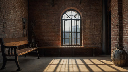 Sunlight streams through a barred window, casting shadows across the rough concrete floor of an old industrial room. A wooden bench sits against the brick wall, evoking a sense of calm.の素材