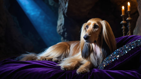 An Afghan Hound reclines atop a rich velvet cushion, surrounded by a warm ambiance. Flickering candlelight and gentle shadows create a serene atmosphere in this elegant space.の素材