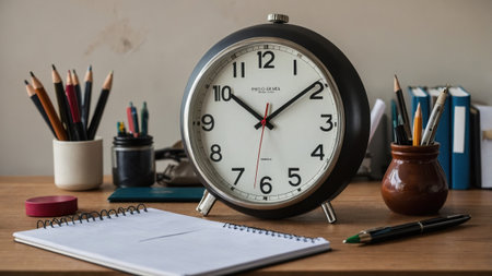 A stylish desk displays a round black clock, notebooks, pens, and various stationery items, creating a welcoming atmosphere for studying or working efficiently.の素材