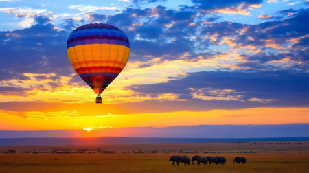 Colorful hot air balloon flying over the Masai Mara National Reserve in Kenya, Africa at sunrise with a group of elephants walking in the savannahの素材