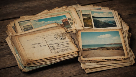 Old postcards with pictures of seaside and mountain landscapes are bringing back travel memoriesの素材