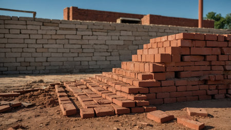 Stacked red bricks are neatly arranged at a construction site. A brick wall is visible in the background, showcasing ongoing building activity under clear blue skies.の素材