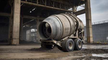 A cement mixer truck stands alone in a large industrial space, its drum dirty and ready for work.の素材