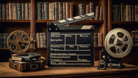 Various pieces of vintage film equipment rest on an old wooden table, surrounded by shelves filled with numerous books in a library setting, showcasing historical filmmaking artifacts.の素材