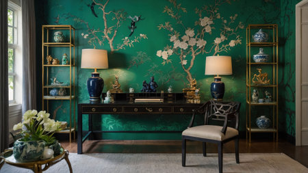A striking living room showcases rich green wallpaper adorned with blossoms and birds. Decorative shelves display blue and white ceramics, while tasteful lighting enhances the ambiance.の素材