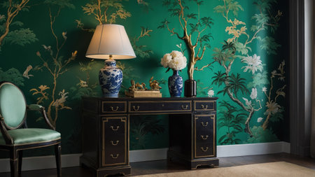 This home office features a classic wooden desk, a stylish chair, and a bright lamp, all set against a lush green wallpaper adorned with nature scenes and delicate flowers.の素材