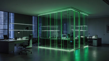 A sleek office environment features glass walls illuminated by green lights, showcasing a stylish work area equipped with desks and chairs, promoting productivity and creativity.の素材