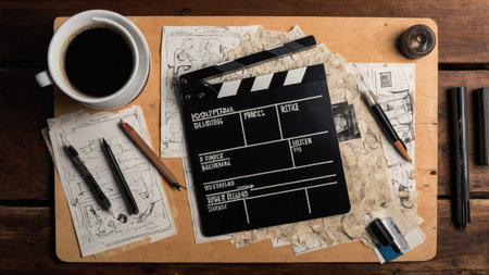 A workspace displays a film clapperboard and various sketch papers scattered around. A cup of coffee rests beside writing tools, creating an atmosphere of artistic inspiration.の素材