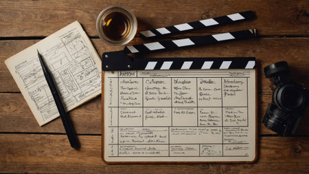 A wooden table displays notes for a film project, a clapperboard, a black pen, and a camera. The arrangement conveys a creative atmosphere for filmmakers.の素材
