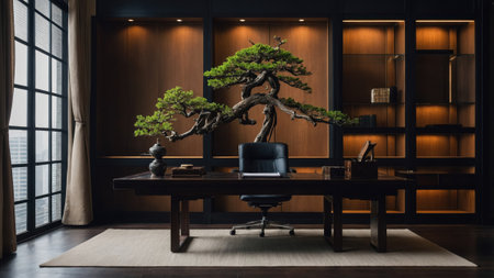 A sophisticated office showcases a striking bonsai tree centered on a dark wooden desk. The room is adorned with warm lighting, enhancing the contemporary aesthetic and promoting tranquility.の素材