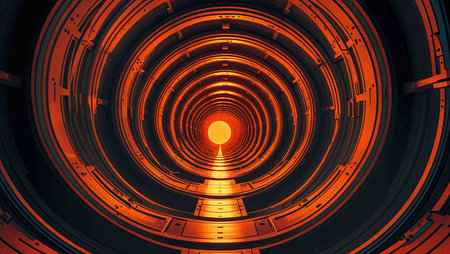Bright orange hues illuminate the concentric circular patterns of a futuristic tunnel. The light source at the end enhances the depth and allure of this surreal, sci-fi environment.の素材