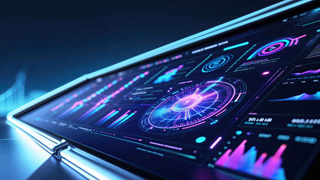 A high-tech dashboard showcases vibrant data visualizations and analytics in a dark, modern environment. The design features dynamic graphs and charts that highlight key metrics.の素材