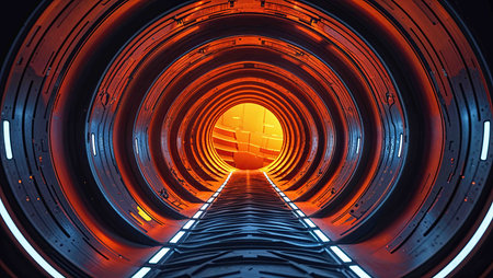 A sci-fi tunnel features intricate designs and vibrant orange lighting, creating an otherworldly atmosphere. The structured path leads into a luminous center, evoking mystery.の素材