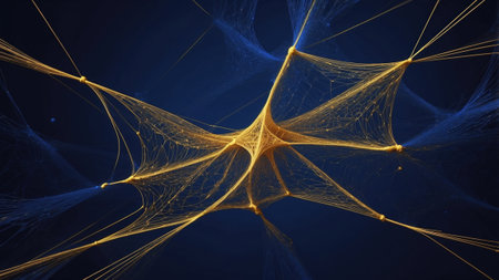 Delicate golden threads form an intricate web-like structure against a deep blue backdrop, highlighting the beauty of abstract design and geometry. The artwork captivates with its complexity.の素材